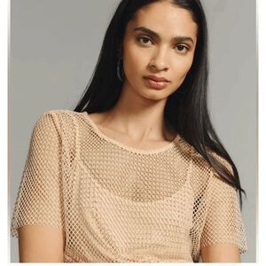 Sunday in Brooklyn Anthropologie Rhinestone Mesh Top Sheer Nude S